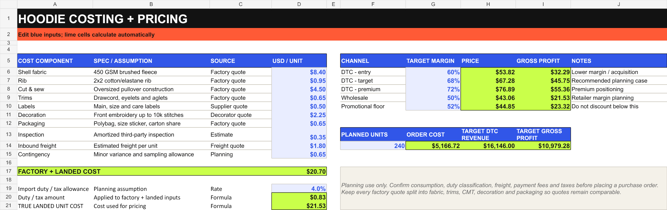 Hoodie costing and pricing workbook preview