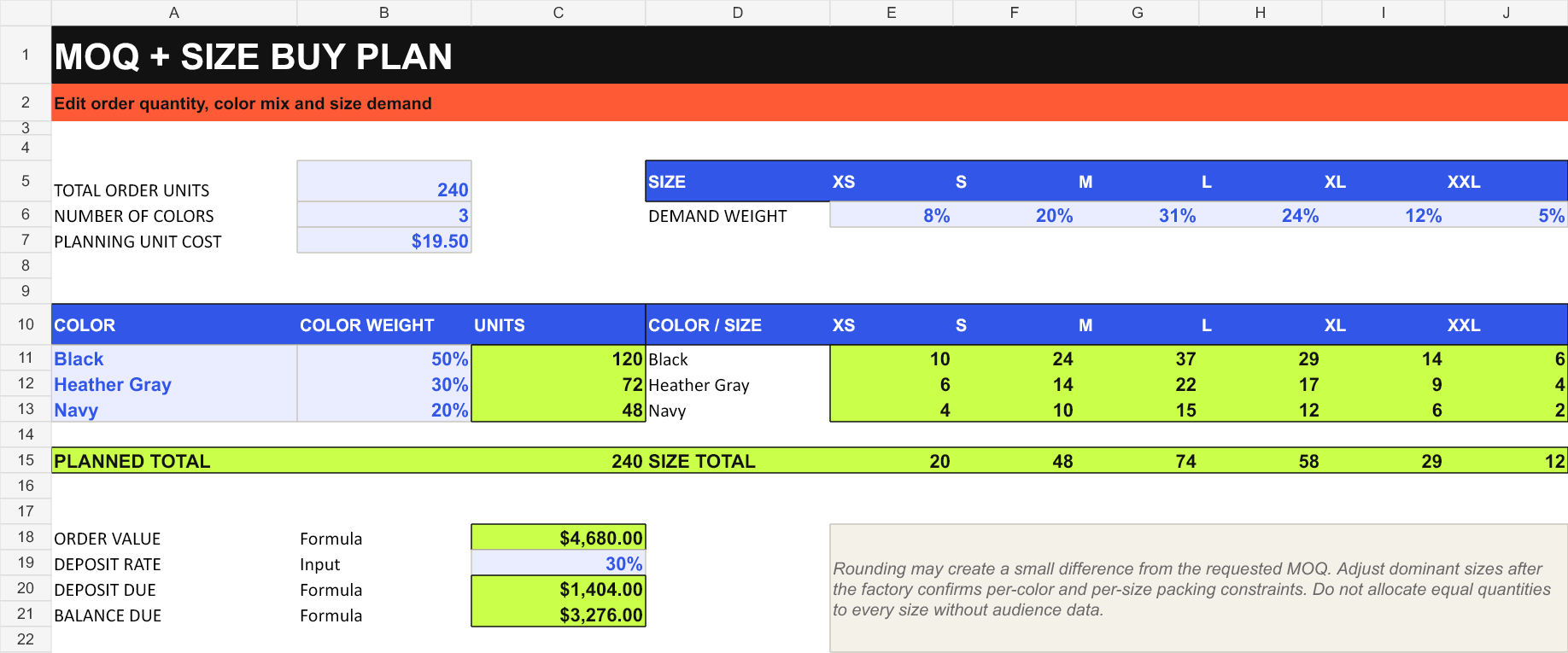 Hoodie MOQ and size buy plan workbook preview